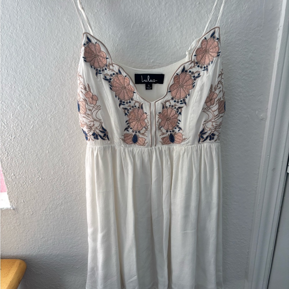 Lulu's Cream Dress with Pink and Blue Embroidery